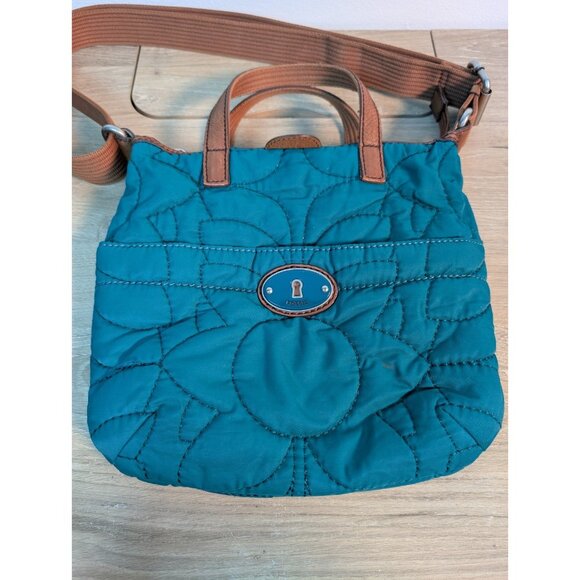 Vintage Fossil Bag Quilted Blue Trimmed In Cow Hide Leather Flaw - Picture 2 of 8